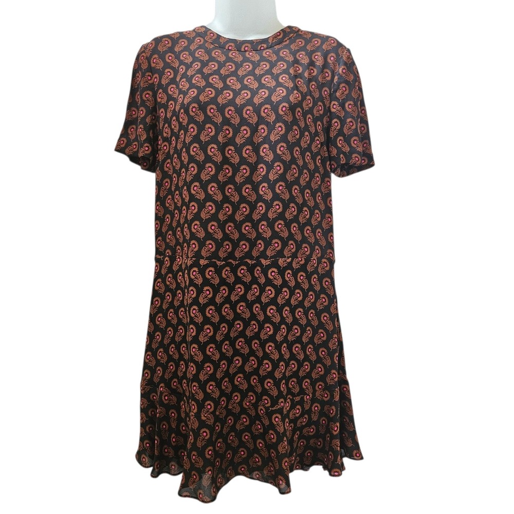 ALC Shift Dress 6 Black Brown Floral Paisley AOP Silk Lined Pockets Mini Cottage